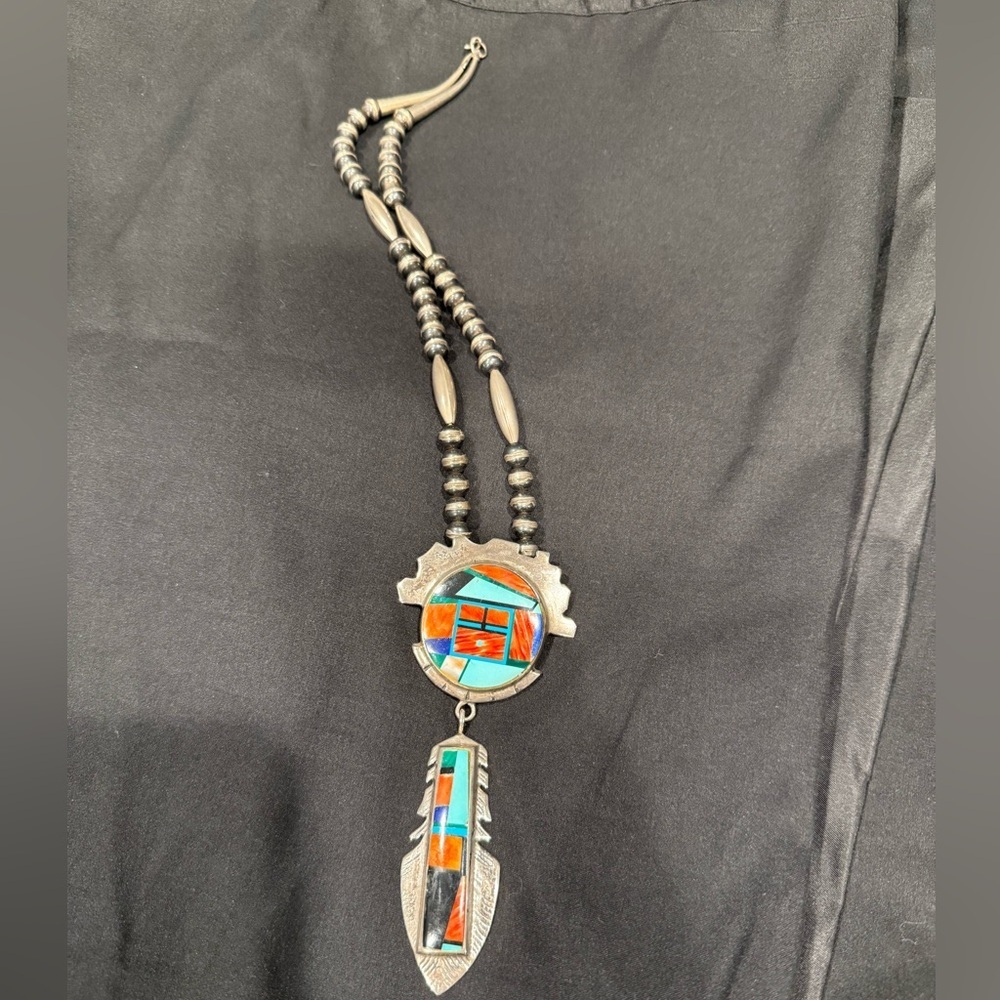 Vintage Sterling Silver Frank YellowHorse Pendant Beaded Chain Navajo Inlay - Picture 3 of 12